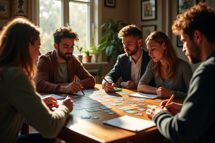 Groupe d'amis discutant autour d'un jeu Clue en intérieur