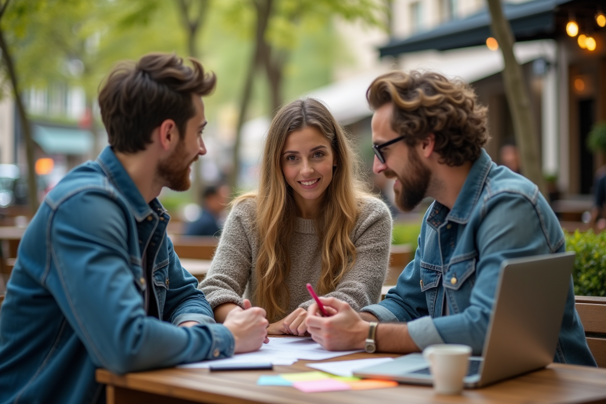 Groupe de personnes collaborant dans un café urbain