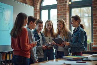 Jeunes adolescents collaborant autour d’un tableau numérique en classe