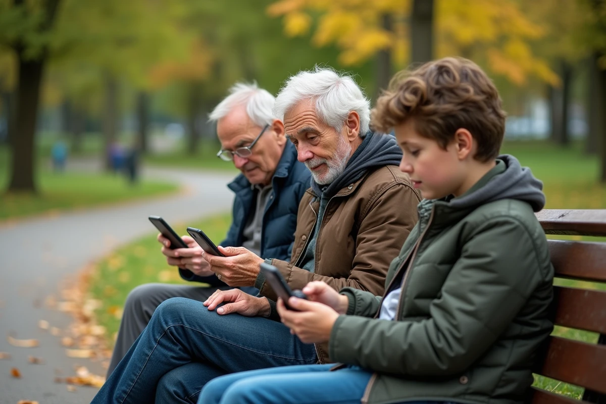 Groupe familial multigeneration partageant des smartphones au parc
