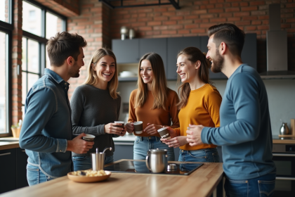 Quatre jeunes professionnels dans une cuisine moderne partagent un moment convivial