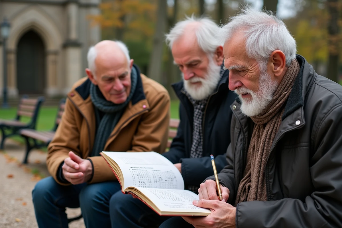 Groupe de seniors résolvant un mots croisés en plein air