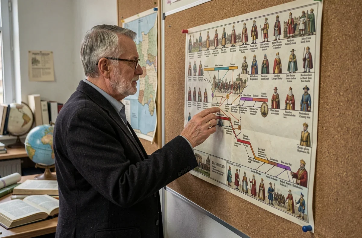 Historien examinant une frise chronologique des dynasties royales françaises affichée sur un mur avec portraits de rois et cartes annotées