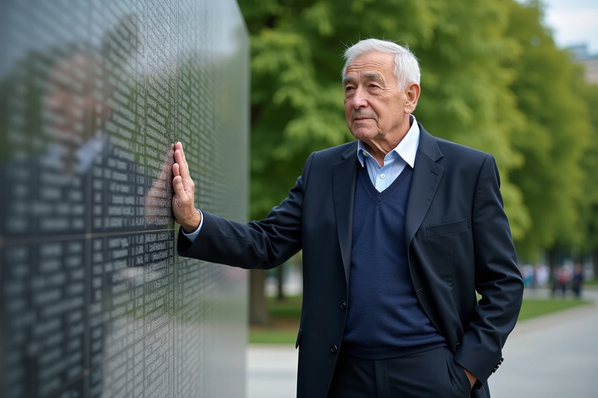 Homme agee devant monument gravé dans un parc norvegien