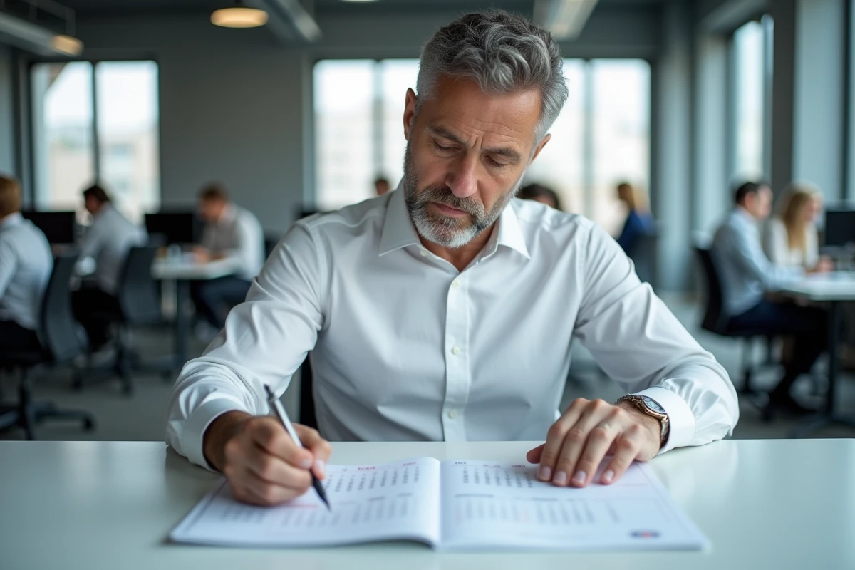 Homme en bureau professionnel consultant un agenda annuel ouvert montrant les numéros de semaines
