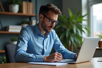 Homme concentré analysant des graphiques financiers à son bureau