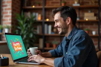 Homme souriant devant un écran d'ordinateur affichant un GIF animé d'anniversaire dans un bureau à domicile chaleureux