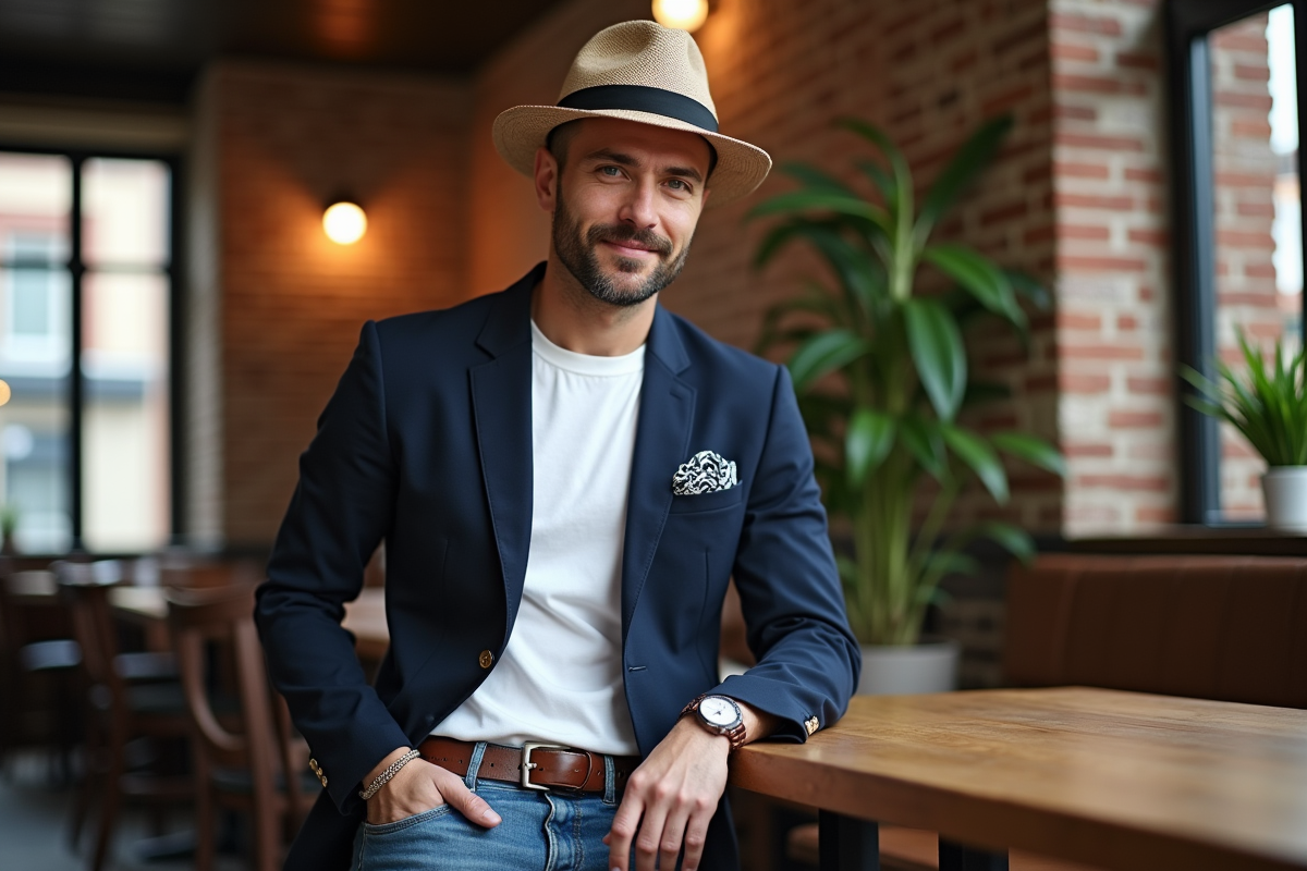 Homme fashion dans un café moderne avec accessoires
