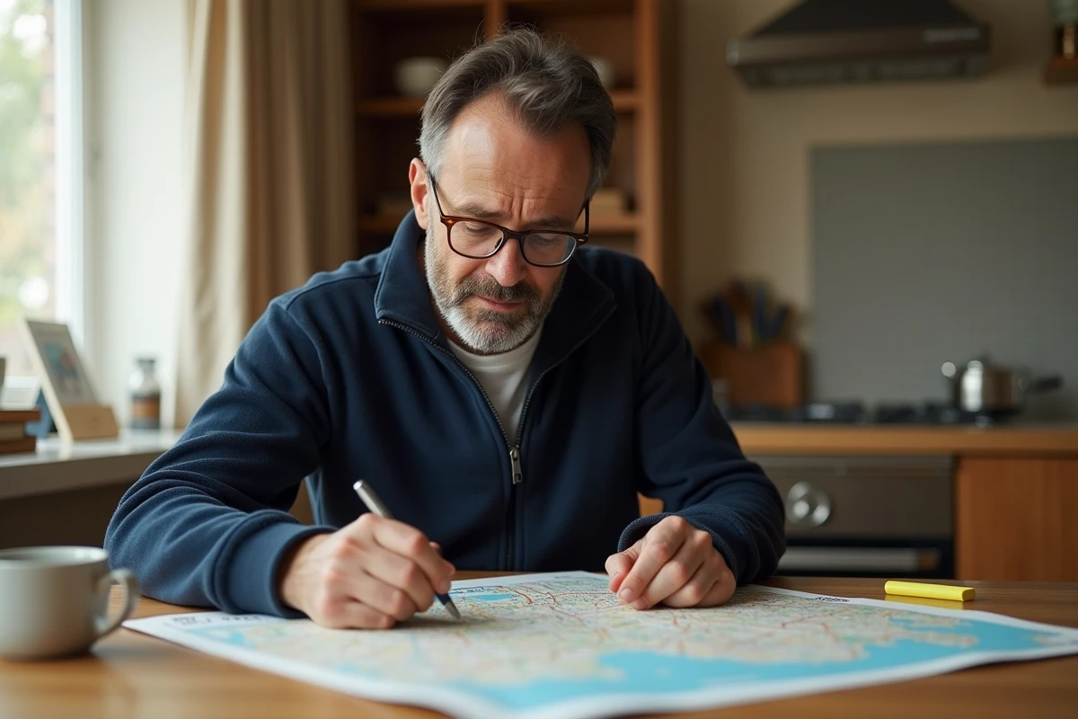 Homme consultant une carte imprimée pour localiser une rue et un numéro de ville