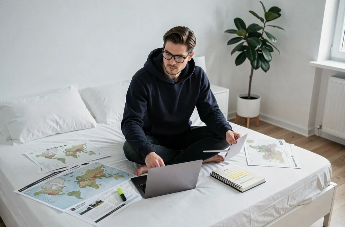 Homme assis sur un lit entouré de cartes du monde PDF imprimées et d'un ordinateur portable pour organiser un voyage