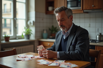 Homme d age moyen comptant des billets euros à la maison