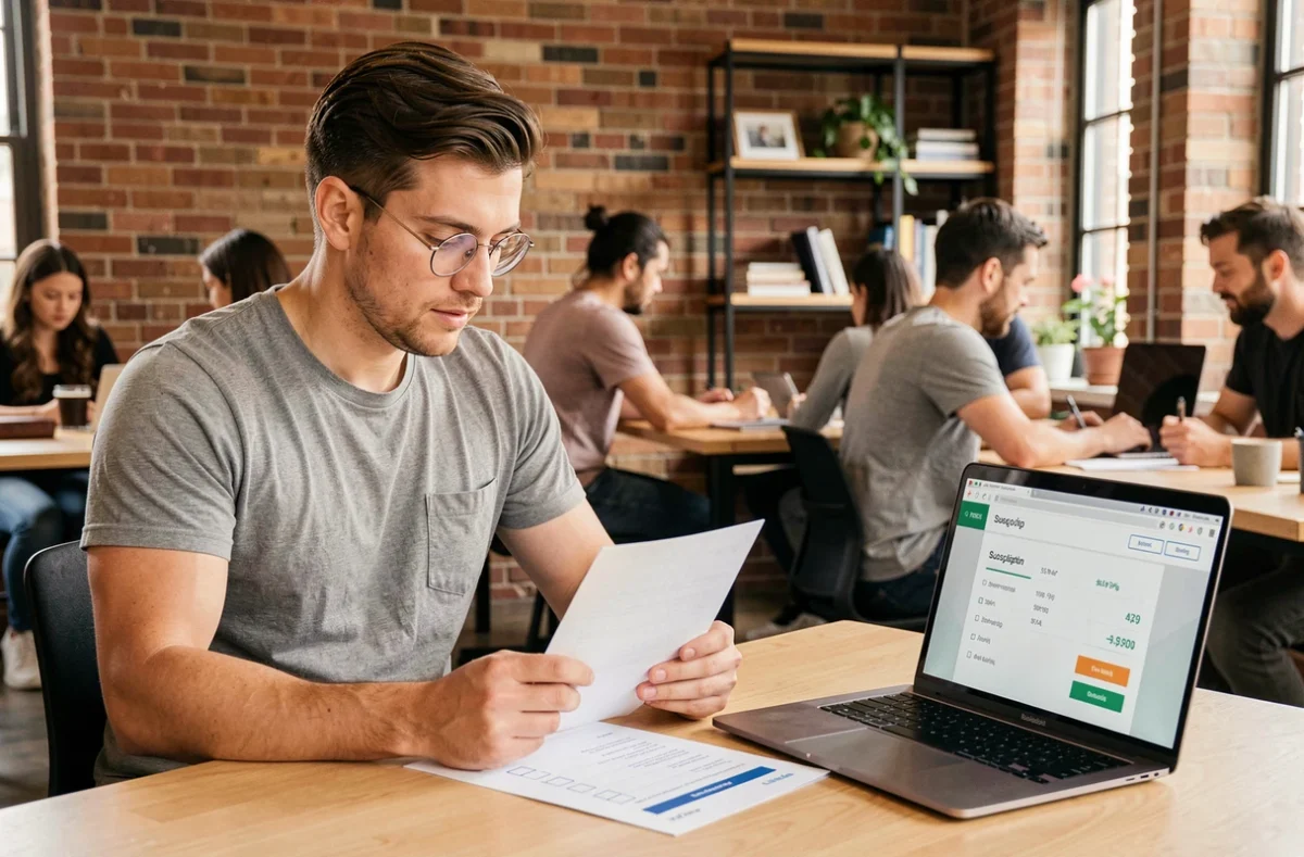 Homme en espace de coworking vérifiant les conditions d'un abonnement business gratuit sur son ordinateur