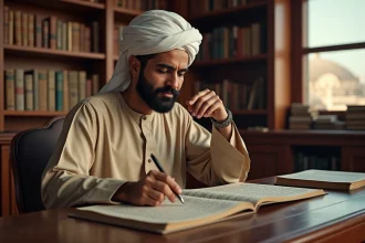 Homme nord-africain en djellaba lisant un manuscrit islamique