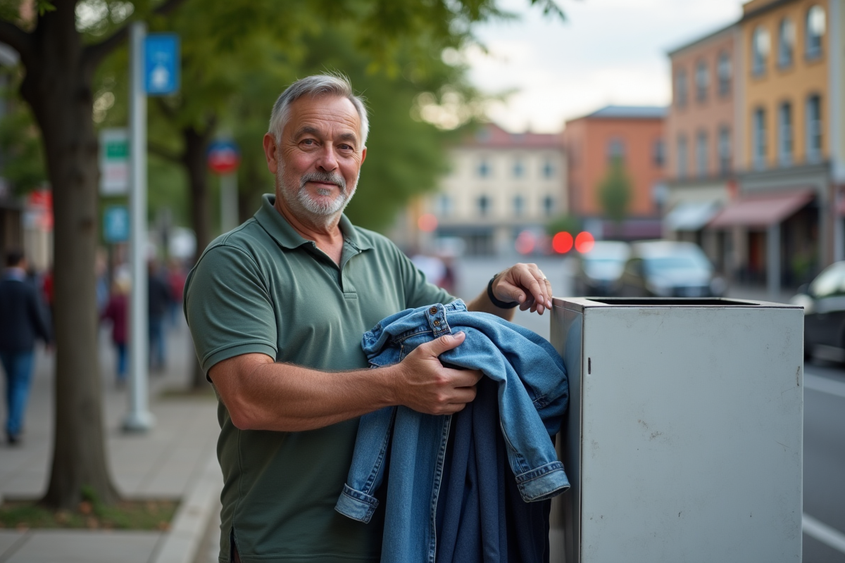 Homme dans la rue tenant des vêtements donnés près d une borne