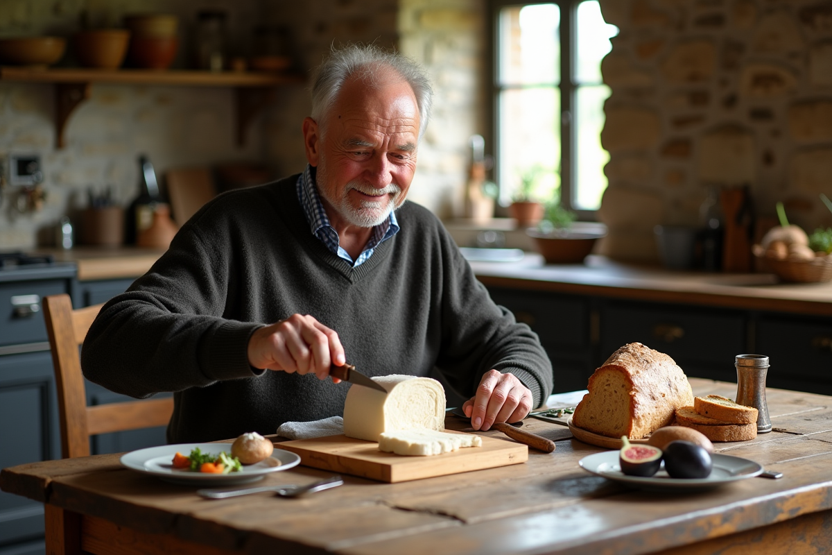 Homme âgé tranchant du foie gras dans une cuisine rustique