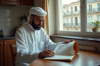 Homme en thobe feuilletant un calendrier hijri à Tremblay