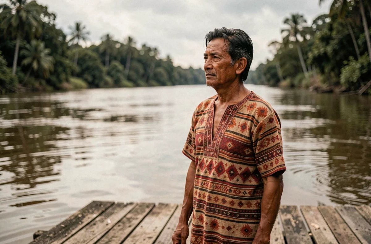 Portrait d'un homme autochtone amazinien en tenue traditionnelle sur un ponton en bois au bord du fleuve Amazone