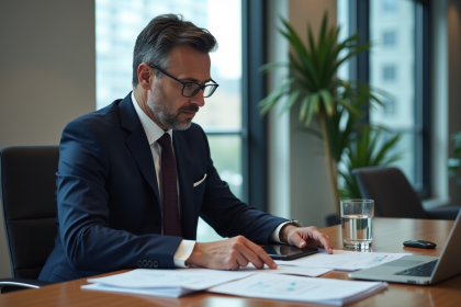 Homme en costume regardant des rapports financiers