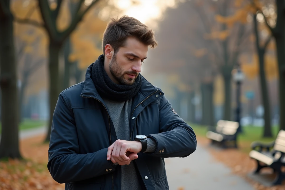 Homme marchant dans un parc urbain en automne