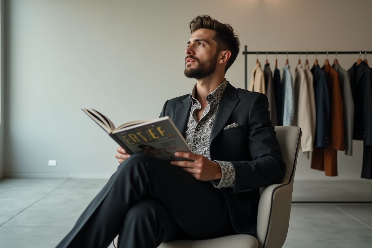 Homme stylé en costume monochrome dans un studio moderne