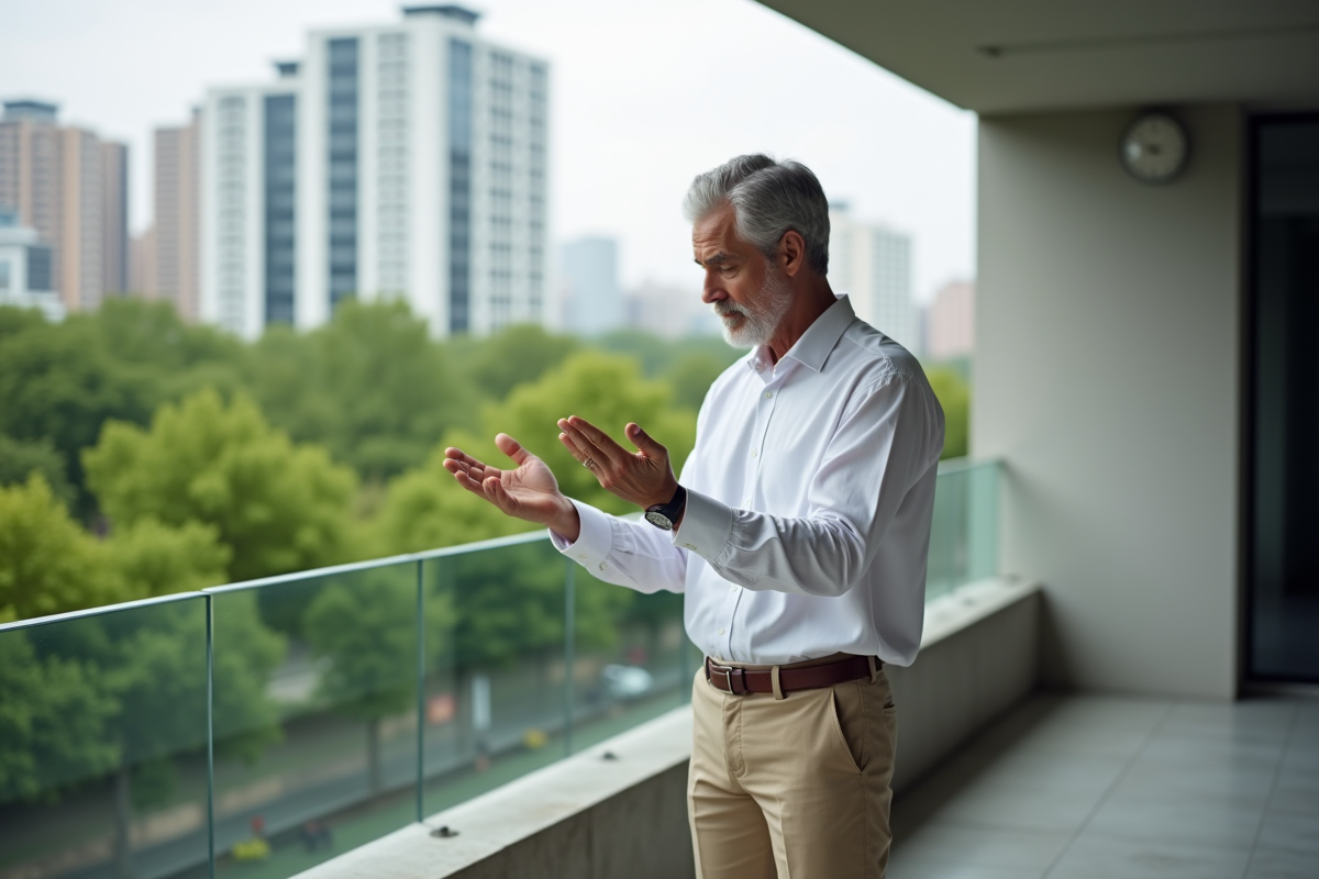 Homme méditant sur un balcon urbain avec vue sur la ville