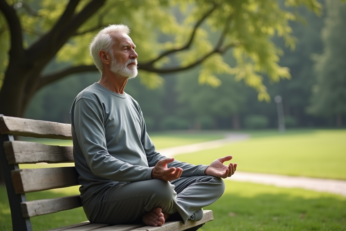Homme âgé pratiquant la respiration en plein air