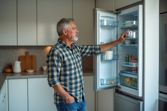 Homme d'âge moyen examine le frigo ouvert dans la cuisine