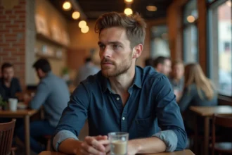 Homme dans un café regardant discrètement une femme hors champ, illustrant la psychologie du regard masculin
