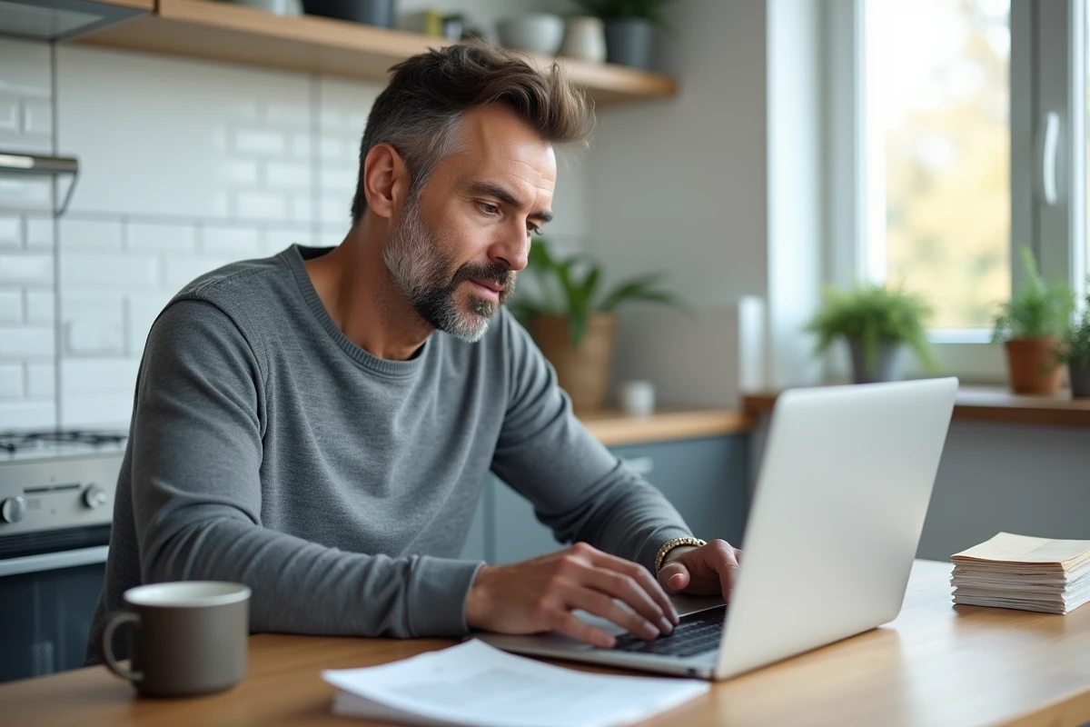 Homme en pull gris relisant une lettre de résiliation sur son ordinateur portable dans une cuisine moderne