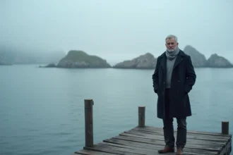 Homme scandinave seul sur un ponton en bois dans l'archipel suédois de Sandhamn, atmosphère mélancolique