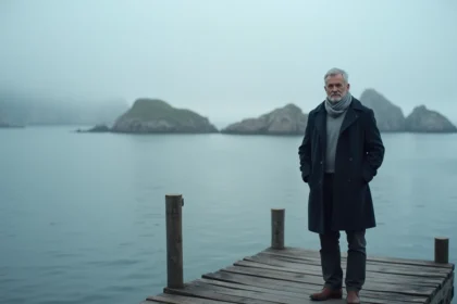Homme scandinave seul sur un ponton en bois dans l'archipel suédois de Sandhamn, atmosphère mélancolique