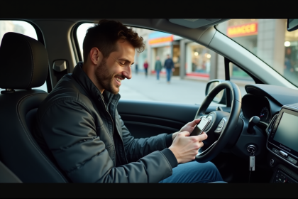 Homme en ville regardant son smartphone dans la voiture