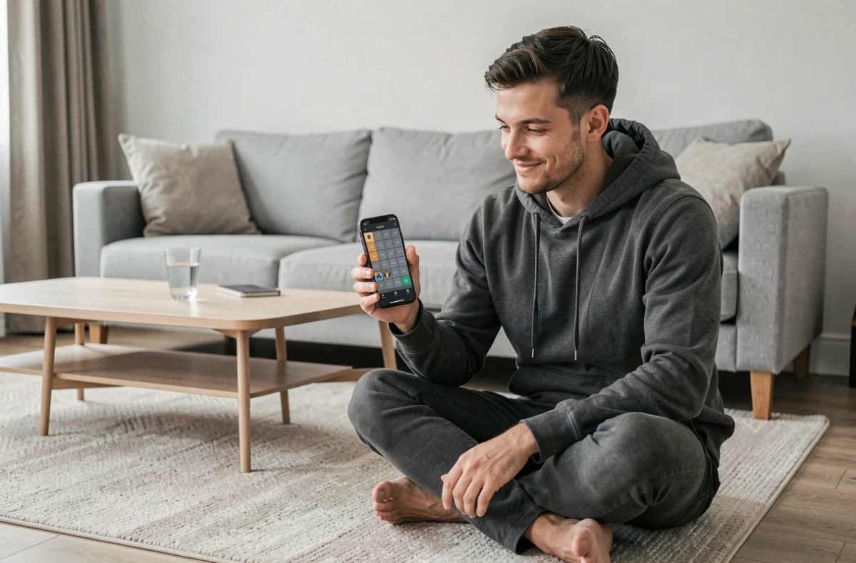 Un jeune homme joue à un jeu de casse-tête mobile type Rooms and Exits sur smartphone dans son salon moderne, l'air satisfait d'avoir trouvé la solution