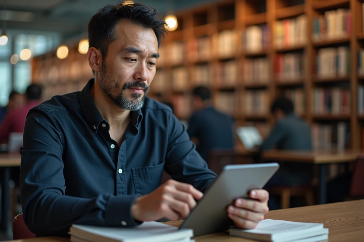Homme consultant une plateforme de lecture numérique sur tablette dans une bibliothèque moderne