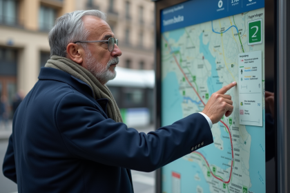 Homme en trench et écharpe pointant vers une carte urbaine