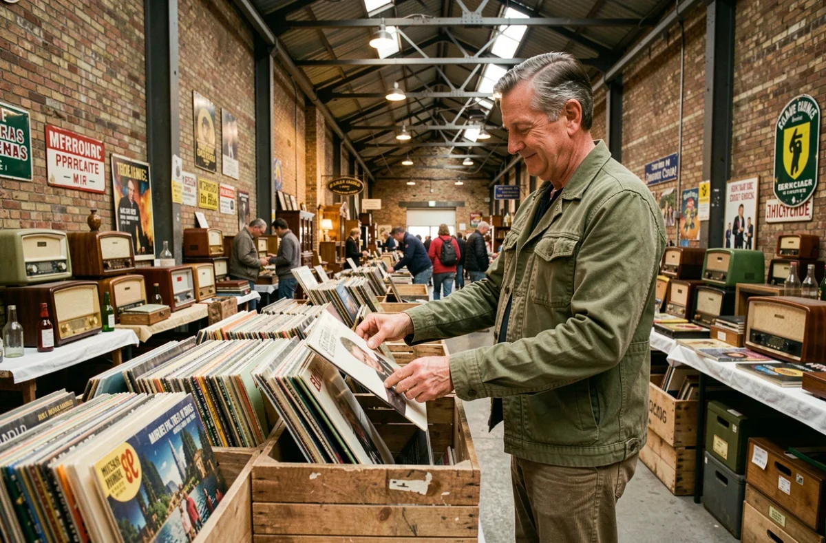 Homme fouillant des disques vinyles anciens dans une halle de brocante couverte dans le Nord de la France