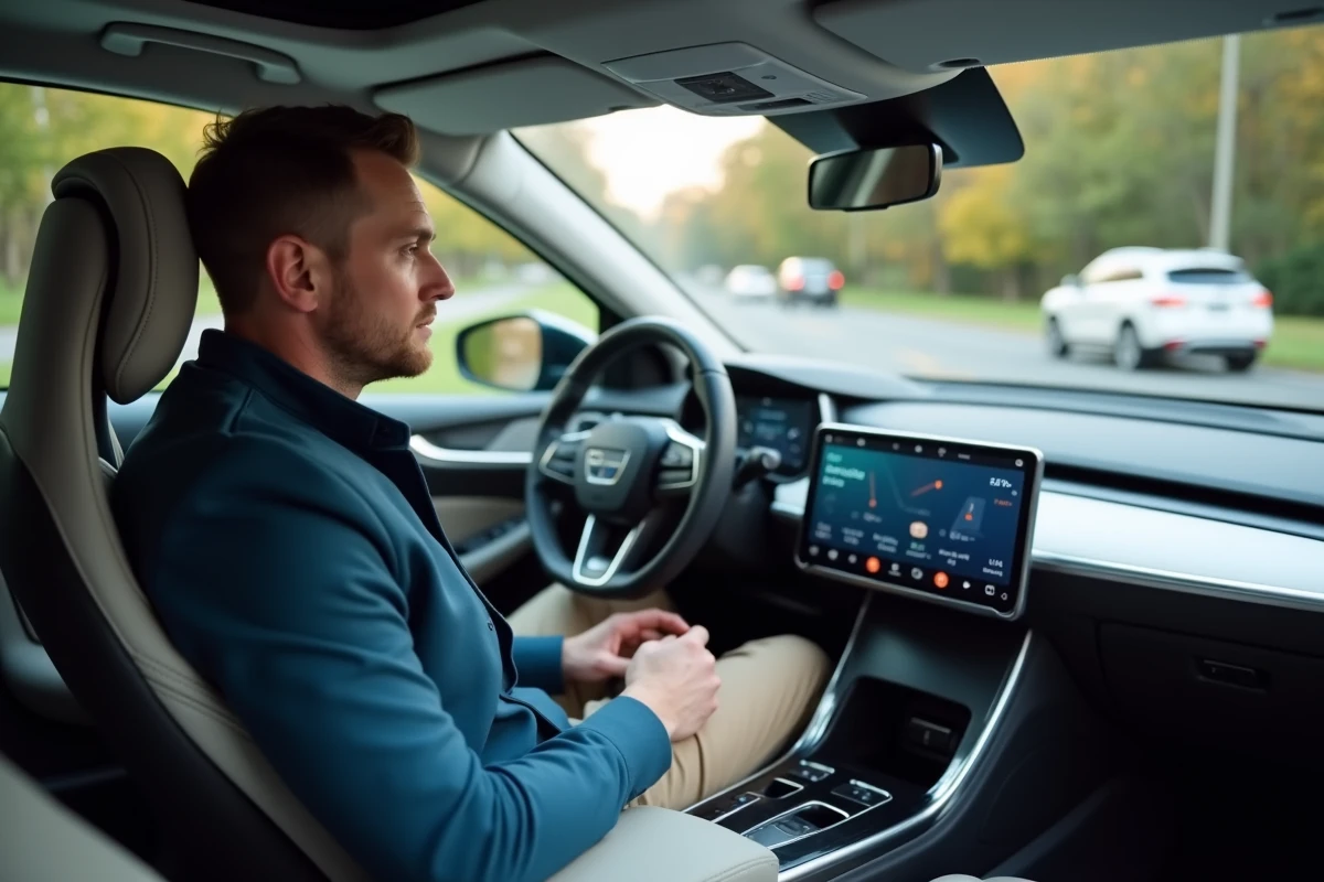 Homme en voiture autonome assis confortablement