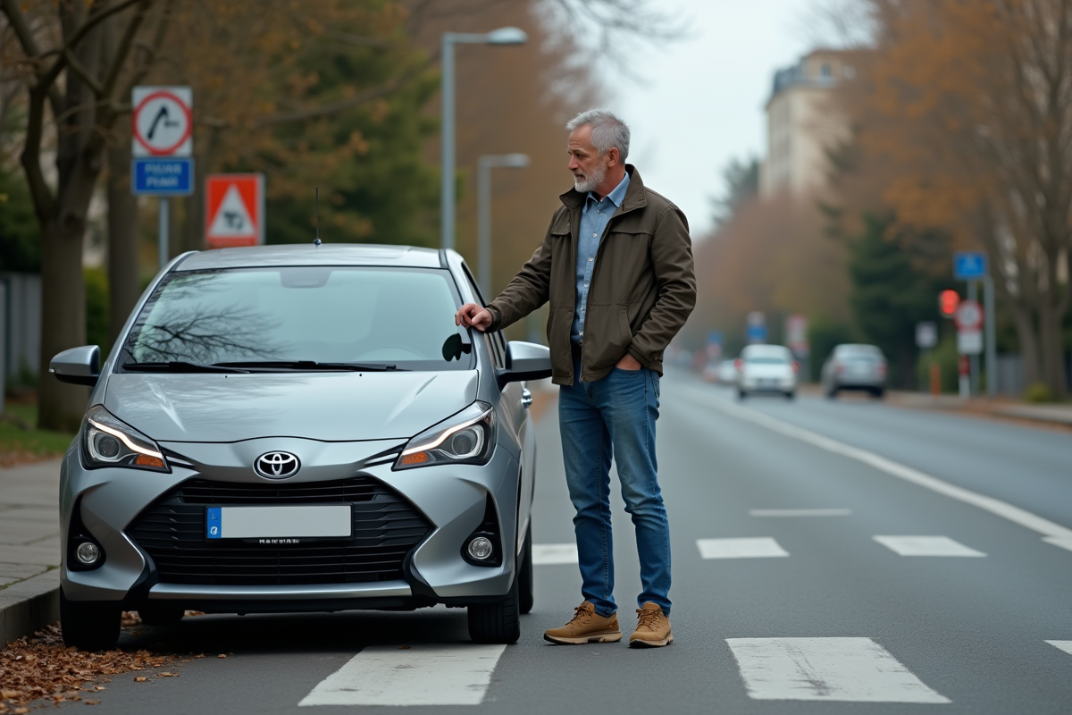Homme inspectant la ceinture de sécurité de sa voiture