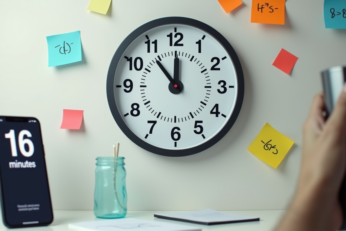 Horloge murale et smartphone avec notes colorées en bureau