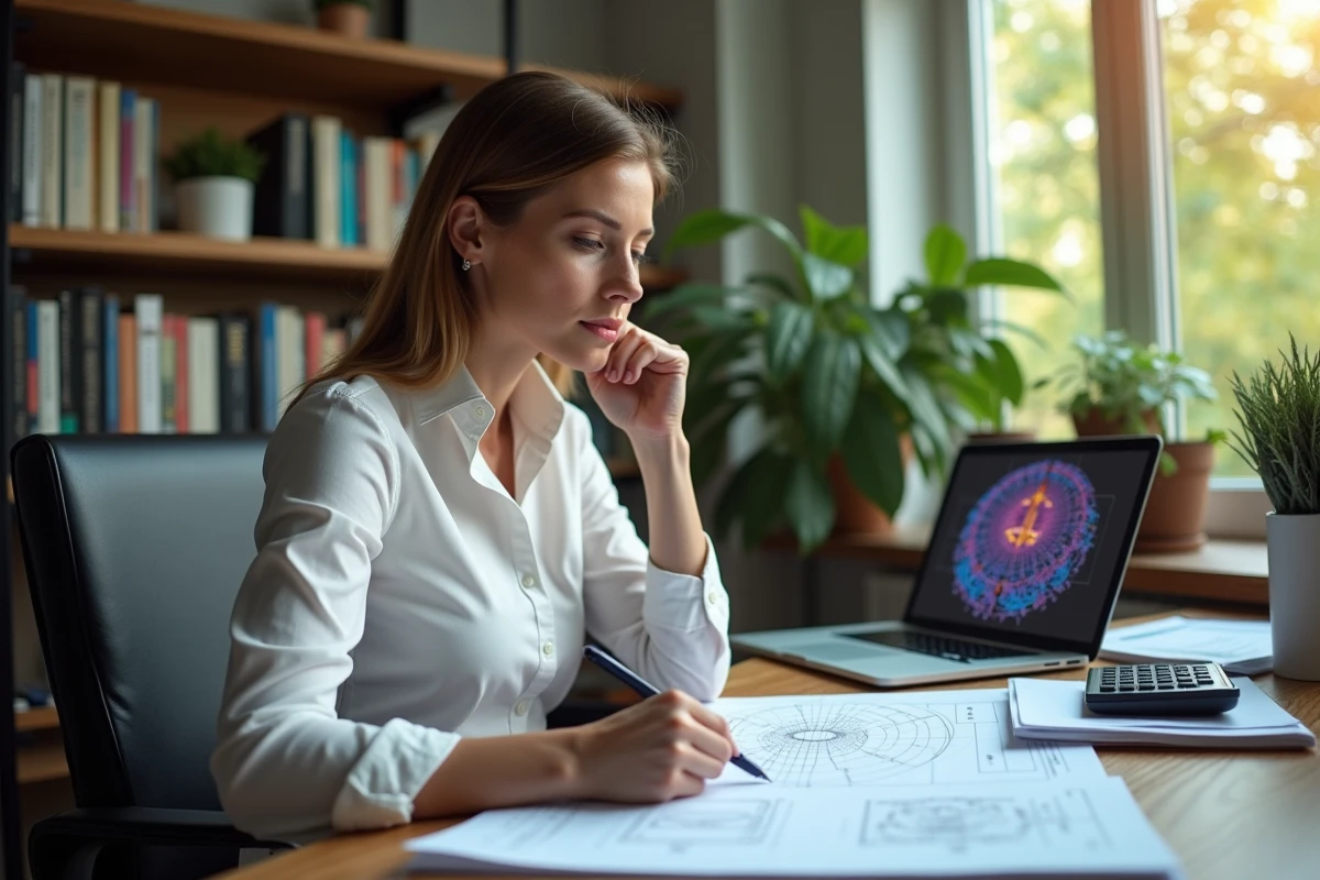Ingénieure étudiant un cahier technique dans un bureau lumineux
