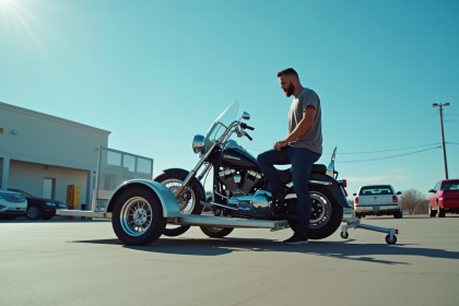 Personne inspectant une remorque moto en plein air ensoleille