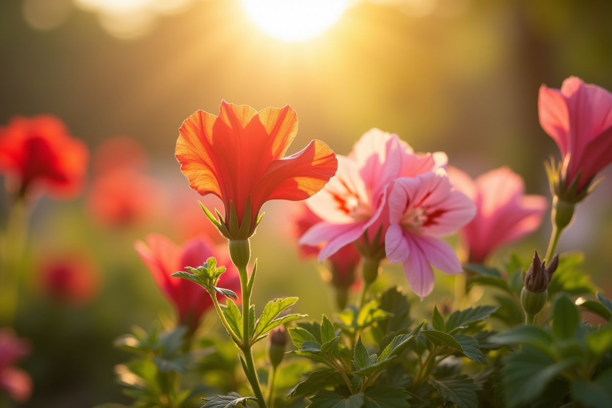 Fleurs de campanules et bégonias dans un jardin ensoleille