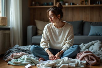 Jeune femme assise sur le sol avec vêtements usagés et étiquettes
