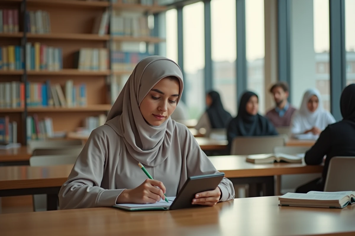 Jeune femme nord-africaine prenant des notes dans une bibliothèque moderne