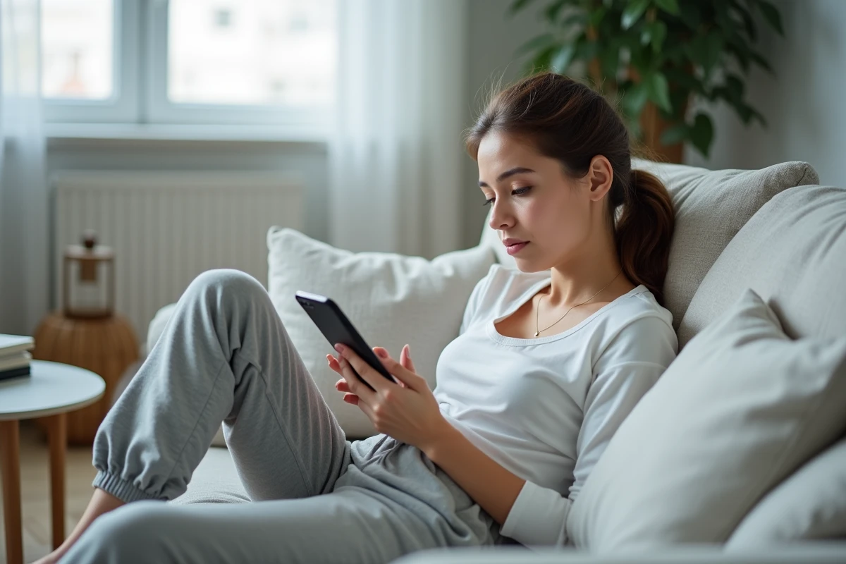 Jeune femme allongée sur un canapé consultant un catalogue d'ebooks sur smartphone dans un salon moderne