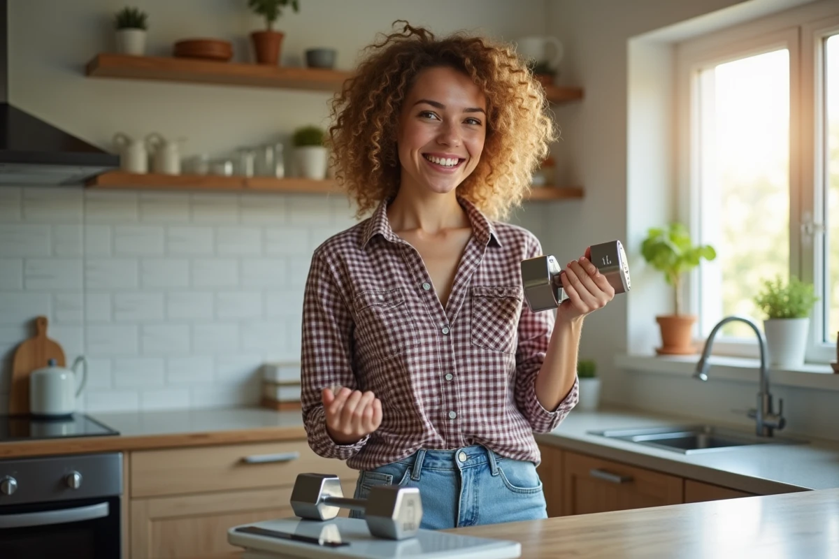 Jeune femme dans la cuisine comparant un poids et un haltère