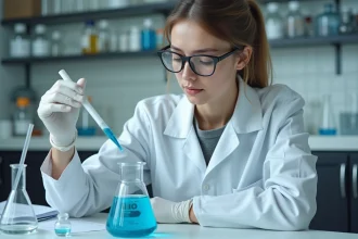 Jeune femme en laboratoire versant un liquide bleu avec pipette