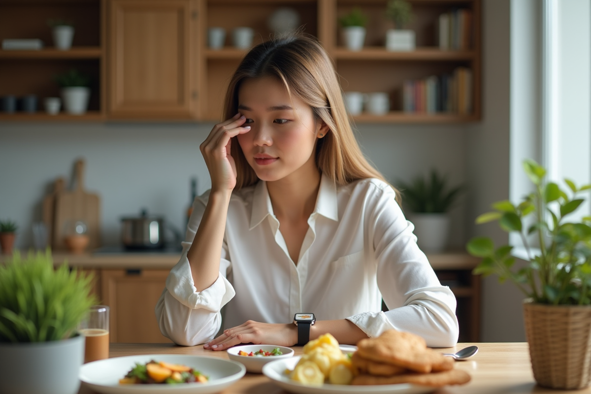 Jeune femme au bureau profitant d'un déjeuner en solo