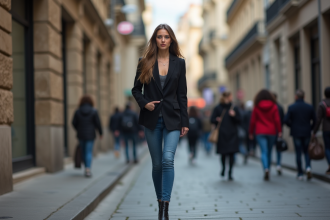 Jeune femme en blazer chic dans une rue urbaine dynamique