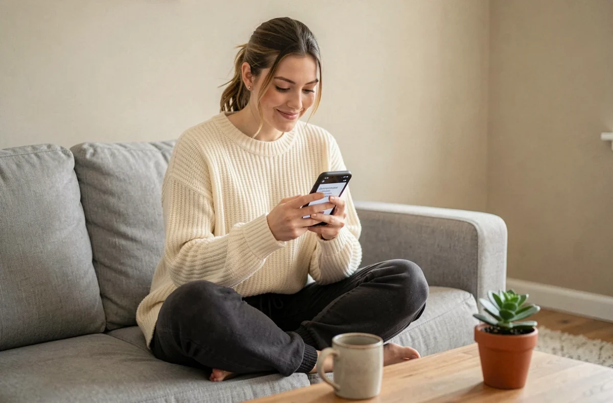 Jeune femme consultant un quiz de grammaire française sur son téléphone pour vérifier l'orthographe correcte entre appelle-moi et appelles-moi